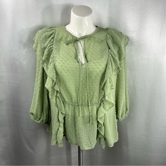New York & Company Olive Green Clip-Dot Ruffle Blouse - Lily & Cali XL - Picture 2 of 8